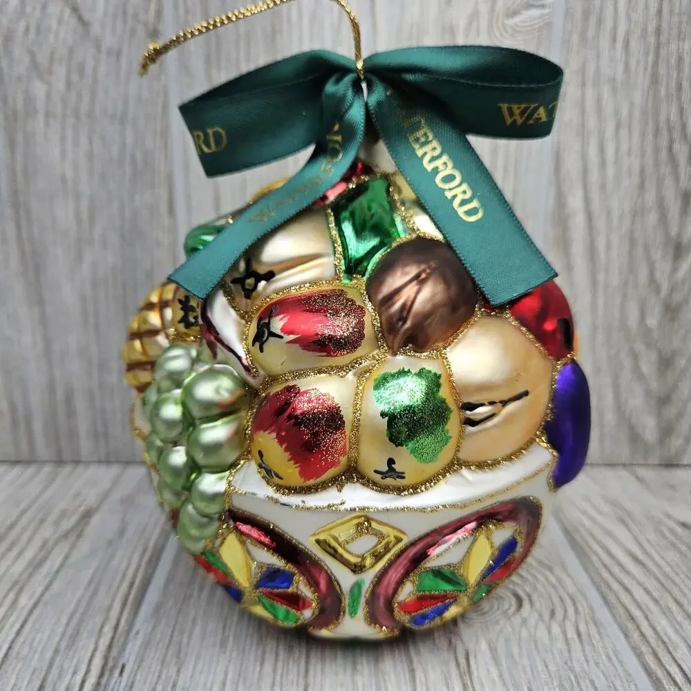 Waterford Glass Ornament Fruit Bowl Hand Painted Holiday Decor Ribbon 5 Inch Art